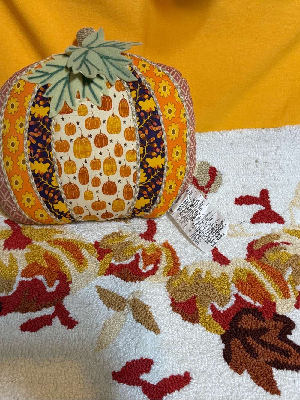 Autumn Harvest duo, Decorative patchwork Pumpkin Pillow, paired w/ hooked rug